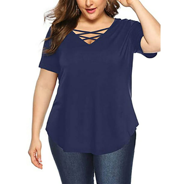 Amoretu Women's Plus Size Tops Short Sleeve Criss Cross V Neck T-Shirt 